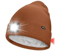 ATNKE Unisexe 8 LED Bonnet Lampe Frontale,USB Rechargeable Rouge Feu Arrière Clignotant Chapeau de Course Lumière Chaud Polaire Doublée Tricot Bonnet Cadeaux pour Hommes et Femmes/Red Brown