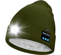 ATNKE Unisexe LED Bluetooth Bonnet Lampe Frontale,USB Rechargeable 4 LED Musique Parleur Chapeau de Course Lumière Chaud Polaire Doublée Tricot Bonnet Cadeaux pour Hommes et Femmes/Army Green