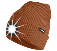 ATNKE Unisexe LED Bonnet Lampe Frontale,USB Rechargeable 4 LED Chapeau de Course Ultra Lumineux Lumière Hiver Chaud Tricot Bonnet Cadeaux pour Hommes et Femmes/Red Brown