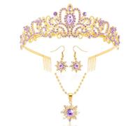 Atoden Collier et boucles d'oreilles avec pendentif couronne de Raiponce et | Diadème de princesse violet et doré, accessoires de déguisement pour femmes et filles, pour anniversaire, Halloween, cosplay