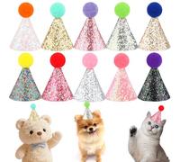 Atoden Lot de 10 mini chapeaux de fête pour animaux en peluche pour chien, chat, poupée, chiot, chaton, lapin - Chapeaux coniques à pompons avec paillettes - Décorations d'anniversaire pour animaux de
