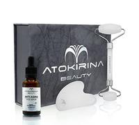 ATOKIRINA - Kit soin visage anti-âge/antirides : rouleau en jade blanc + pierre Gua Sha + sérum acide hyaluronique (3 poids) - Pierres naturelles - Massage visage/yeux/décolleté - Fabriqué en Italie