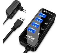 atolla Hub USB 3.0 actif avec 4 ports SuperSpeed et interrupteur, répartiteur USB avec port de charge intelligent et adaptateur d'alimentation 15 W (5 V/3 A)