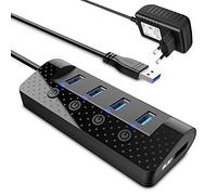 Atolla Hub USB alimenté, Hub USB 3.0 à 4 Ports Plus Ports dédiés à la Charge avec interrupteurs Marche/arrêt - Adaptateur d'alimentation Inclus Concentrateur USB 3.0 avec Alimentation Externe