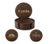 ATOMSTACK 6pcs 3,94 pouces brun foncé personnalisé DIY Graveur laser dorée dessous de verre en cuir rond sous-verres avec support