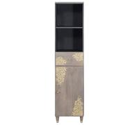 ATOMSTACK MAKER Armoire de salle de bain en bois massif de mangue, 38 x 33 x 160 cm, gris avec sérigraphie dorée, 1 tiroir et 1 porte encastrée, poignées en laiton, moderne, stable, peu encombrant