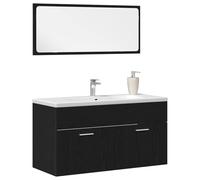 ATOMSTACK MAKER Ensemble salle de bain noir aspect chêne : meuble lavabo mural 90 cm + grand miroir plat 90 x 37 cm - moderne, peu encombrant, en bois, minimaliste