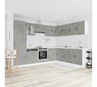 ATOMSTACK MAKER Lucca Lot de 14 armoires de cuisine en bois gris béton avec façades en verre, répartition flexible pour cuisine compacte - Évier, four et coins avec panneau de lave-vaisselle