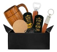 ATOMSTACK Ouvre-bouteille+ sous-verre+ chope à bière en bois de jujube 500ML+ porte-clés en cuir métal marron+ chaussettes tricotées