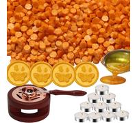 Atopbb 300 perles pour sceaux de cire, couleur blanche, 1 sceau de cire en bois, 1 cuillère en cire fondue et 10 bougies pour sceau de cire (orange jaune)