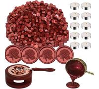 Atopbb - Kit de perles de cire à cacheter - 300 perles de cire de couleur rouge vin, 1 chauffe-cire en bois, 1 cuillère fondue et 10 bougies à thé pour cacheter la cire (300, bordeaux)
