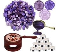 Atopbb Kit de perles de cire à cacheter - Lot de 300 perles de cire à cacheter de couleur violette mélangée, 1 chauffe-cire en bois, 1 cuillère fondue et 10 bougies à thé pour cacheter la cire (300