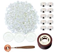 Atopbb - Lot de 300 perles de cire blanche - 1 chauffe-cire en bois - 1 cuillère fondue et 10 bougies à thé - Pour sceau de cire - Blanc perle