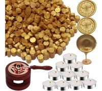 Atopbb - Lot de 300 perles de cire dorées - 1 chauffe-cire en bois - 1 cuillère fondue et 10 bougies à thé pour cire - Kit de tampons (doré)