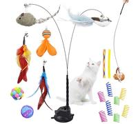 Atopo Kit de Jouet pour Chat avec 3 Baguettes Magiques D'intérieur, Peche avec Ventouse Amovible 22PCS, Jouets Interactifs à Plumes, Canne à Pêche