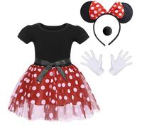 Atorcher Déguisement de Minnie avec oreilles de souris, nœud papillon, gants et nez pour fille - Mini jupe tutu à pois pour Halloween, fête d'anniversaire