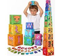Atoylink Blocs à Empiler avec Alphabet Magnétiques pour Bebe, Jouet Bebe Montessori avec Lettres ABC & Chiffres & Animaux, Cubes de Tri et de Rangement Éducatifs Jeux Montessori pour Enfants 1-6 Ans