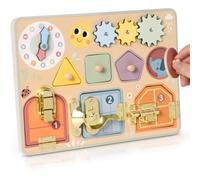 Atoylink Busy Board Montessori en Bois, Planche d’Activités avec Horloge, Engrenages, Formes Géométriques et 3 Serrures, Jouet Montessori, Tableau Sensoriel, Jouet en Bois et Jeu d’Éveil pour Enfant