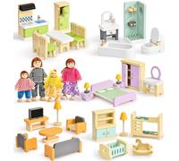 Atoylink Kit de Meubles de Maison de Poupée en Bois, Accessoires Colorés pour Maison de Poupée avec 4 Poupées, Jouets Éducatifs et Jeux de Simulation pour Garçons, Filles Tout-Petits 3 Ans +