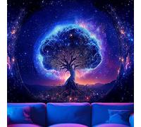 Atrippy Tapisserie murale motif arbre de vie à la lumière noire - Réactive aux UV - Tapisserie murale galaxie - Nuit étoilée - Pour chambre à coucher, salon, dortoir, bureau - 130 x 152 cm