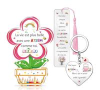 Atsem Cadeaux Enseignants Jour Apprécier Cadeaux Fleur Signes Marque-page Porte-clés Ensemble de 3 Pièces Maître Anniversaire Noël Souvenirs Enseignes Femmes Hommes Retraite Super Atsem Merci (Rose)