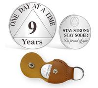AtSKnSK 9 ans de sobriété, pièce de monnaie de 1 à 10 ans de sobriété, médaillon AA pour homme et femme, cadeau de récupération pour alcooliques anonymes, avec porte-clés en cuir synthétique (9 ans)
