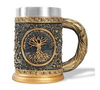 AtSKnSK Chope à bière viking en acier inoxydable avec une anse mythologie nordique marteau de Thor arbre de vie café chope à bière valhalla viking cadeaux pour hommes et femmes (arbre de vie)