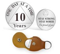 AtSKnSK Pièce de monnaie de sobriété de 10 ans - 1 à 10 ans de sobriété - Avec puce AA - Cadeau de récupération pour les alcooliques anonymes - Avec porte-clés en cuir synthétique (10 ans)