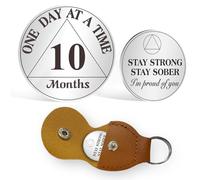 AtSKnSK Pièce de monnaie de sobriété de 10 mois - 1 à 12 mois - Puce AA - Pour homme et femme - Cadeau de récupération pour alcoolique anonyme - Avec porte-clés en cuir synthétique (10 mois)