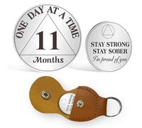 AtSKnSK Pièce de monnaie de sobriété de 11 mois - 1 à 12 mois - Puce AA - Pour homme et femme - Cadeau de récupération pour alcoolique anonyme - Avec porte-clés en cuir synthétique (11 mois)