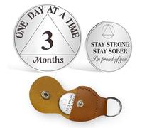 AtSKnSK Pièce de monnaie de sobriété de 3 mois de 1 à 12 mois - Puce AA - Pour homme et femme - Cadeau de récupération pour alcoolique anonyme - Avec porte-clés en cuir synthétique (3 mois)