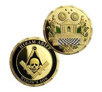 AtSKnSK Pièce de monnaie maçonnique Hiram Abiff - Symbole tête de mort - En laiton - Avec design cabane maçonnique et fond à carreaux - Idéal comme objet de collection et cadeau pour les supporters