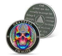 AtSKnSK Tête de mort colorée - Pièce de monnaie de sobriété Grateful I'm Alive AA - Récupération AA HA NA - Jetons de sobriété - Cadeaux des alcooliques anonymes pour hommes et femmes