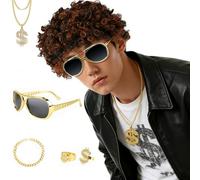 Atsmoce Ensemble d'Accessoires Costume Proxénète, Accessoires Déguisement Hip-Hop Années 80 90s, notamment perruques, lunettes de soleil, chaînes, bagues, faux billets de banque et fausses cigarettes