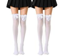 ATSNOSH 2 Paires Chaussettes Hautes avec Nœud Papillon pour Femme, Chaussettes de Genoux, Chaussettes Hautes Montantes (FR/ES, Alpha/lettres, Taille unique, Taille normale, Taille normale, Blanc)
