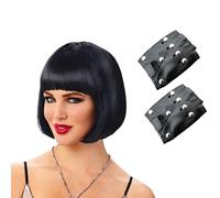 ATSNOSH 2 PCS Ensemble d'accessoires de Rock, Noir Bob Perruque avec Frange, Gants Cloutés, Deguisement Annee 80 90, pour Cosplay, Carnaval, Fête à Thème, Déguisement Personnage Télévisé (Noir)