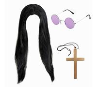 ATSNOSH 3 PCS Années 70 80 Déguisement Accessoires Kit pour Femme Homme, Perruque Longue Noire, Disco Perruque, lunettes circulaires Croix, pour Halloween, Carnaval, Fête à thème, Disco (3 Pcs)