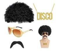 ATSNOSH 4 Pièces Ensemble de Costume Hippie, Deguisement Disco, Perruque Afro Moustache Collier Disco Funky Lunettes de Soleil, Accessoires Hippie, Deguisement Annee 80 90 Homme (Noir)