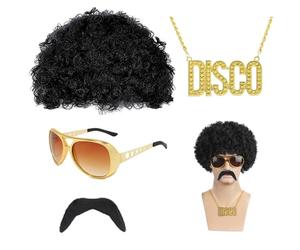 ATSNOSH 4 Pièces Ensemble de Costume Hippie, Deguisement Disco, Perruque Afro Moustache Collier Disco Funky Lunettes de Soleil, Accessoires Hippie, Deguisement Annee 80 90 Homme (Noir)
