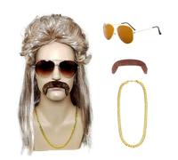 ATSNOSH 4 Pièces Ensemble de Costume Hippie, Deguisement Disco, Perruque Mullet Moustache Collier Disco Funky Lunettes de Soleil, Accessoires Hippie, Deguisement Annee 80 90 Homme (Marron Clair)