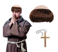 ATSNOSH Perruque Moine pour Adulte, Collier Croix, Casquette Chauve, Perruque de prêtre médiévale, Déguisement Accessoires, pour Halloween, Carnaval, Fête à thème, Cosplay (Brun)