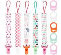 Attache Sucette pour Bebe avec Adaptateur, FenFang 5 pcs Attache Tétine avec 5 pcs Anneau Silicone, Porte Tetine Bebe Accroche Tetine pour Bébé Clip Attache Tetine Tissu Fille Garçon (Rose)