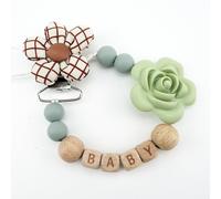 Attache-Tétine En Bois De Silicone Avec Nom,Fait À La Main Gratuitement,Anneau De Dentition Sûr,Fleur Mignonne,Écologique,Support Duniclips - Type Sage Green
