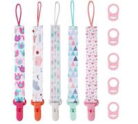 Attache-tétine pour fille - Lot de 5 attache-tétines pour bébé - En tissu avec 5 anneaux en silicone - Attache-tétine avec clips - Personnalisable - Pour ficelle, bavoir, foulard triangulaire - Rose