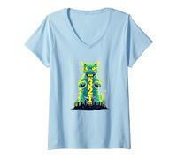 Attack Cat in 321 Féroce Félin envahit la Ville T-Shirt avec Col en V, Femme, Bleu Céleste, L