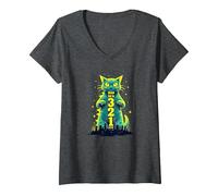 Attack Cat in 321 Féroce Félin envahit la Ville T-Shirt avec Col en V, Femme, Chiné Foncé, XL