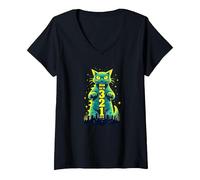 Attack Cat in 321 Féroce Félin envahit la Ville T-Shirt avec Col en V, Femme, Noir, S