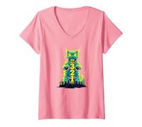 Attack Cat in 321 Féroce Félin envahit la Ville T-Shirt avec Col en V, Femme, Rose, XXL