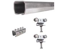 ATTAS MEA Kit complet de ferrures pour porte coulissante et portail de grange - Type 1, jusqu'à 200 kg | 2-4-6 m | Rail en C extérieur |sans support |Rail de guidage et chariot roulant