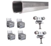 ATTAS MEA Kit complet de ferrures pour porte coulissante et portail de grange - Type 1, jusqu'à 200 kg | 2-4-6 m |Rail en C extérieur |montage mural|Rail de guidage et chariot roulant